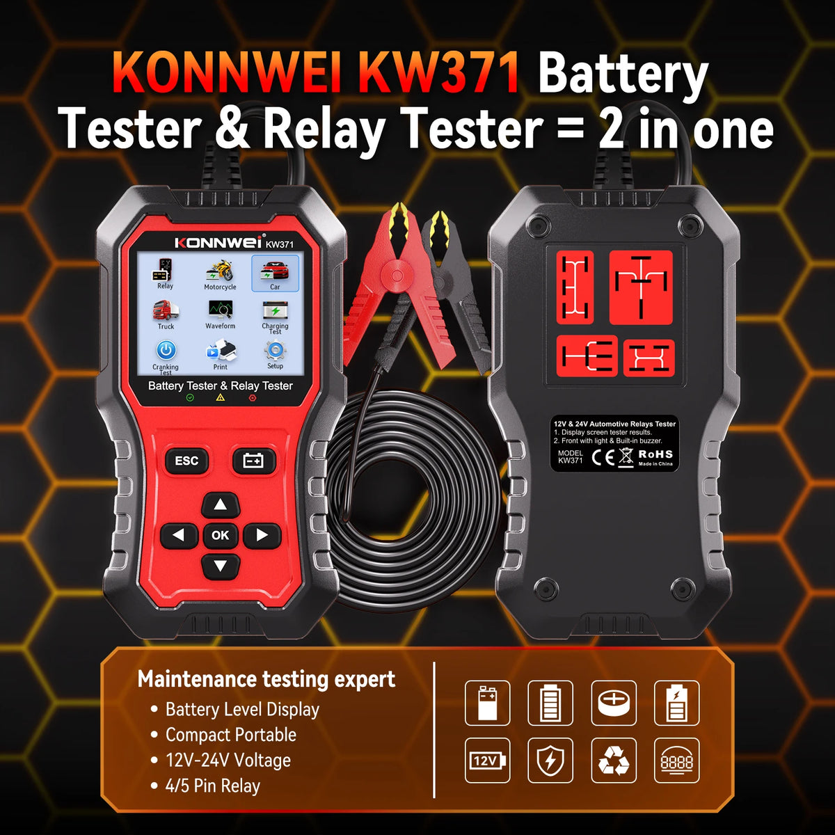 Tester Batteria Auto 2in1 KONNWEI KW371 2026 e Tester Relè a 4 Pin 5 Pin 6V 12V 24V con Stampa Dati Guasto, Test Avvio e Strumento di Scansione Ricarica