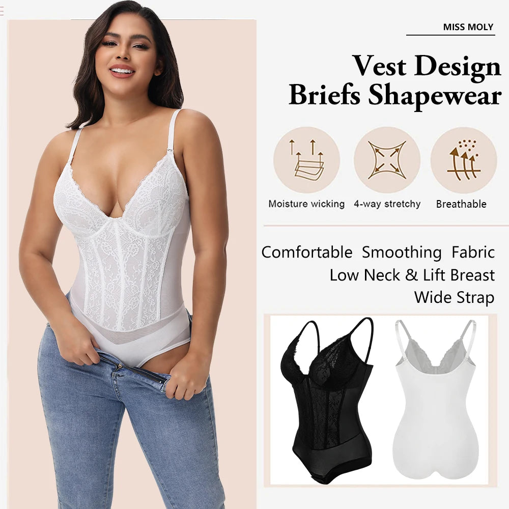 Body modellante in pizzo da donna con ferretto, controllo della pancia, modellante per tutto il corpo, corsetto con scollo a V, top, tuta, slip, lingerie, abbigliamento sexy