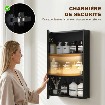 Armadietto Kleankin con specchio per bagno, armadietto a muro Ice Wall con 1 anta e 2 ripiani in acciaio 40x12x60 cm nero