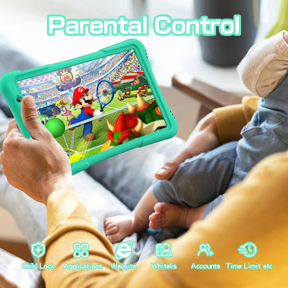 Tablet Android PRITOM da 10 pollici per bambini, 4GB(2+2)+32GB, Quad Core, 6000 mAh, WiFi 6, doppia fotocamera, Bluetooth, tablet per bambini piccoli