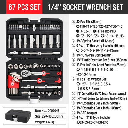 TINSOL Set di 45 Pezzi di Chiavi a Bussola con Cricchetto da 1/4 di Pollice, 72 Denti, CR-V, Punte Magnetiche, Kit di Riparazione per Auto e Casa con Valigetta