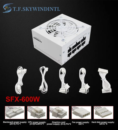 Alimentatore SFX completamente modulare da 600W, design compatto per case Mini-ITX SFF, ventola silenziosa da 90mm, tensione ampia 90-265V, per sistemi PC gaming compatti.