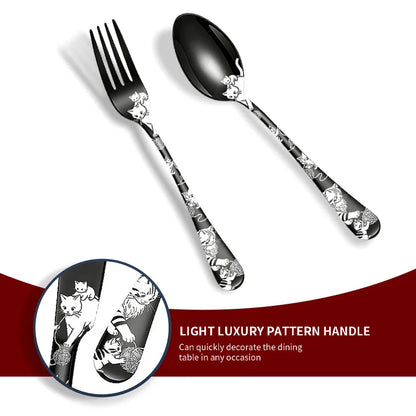 Set di posate in acciaio inossidabile con incisione laser Rose Cat, 4/15/25/40 pezzi, coltello, forchetta, cucchiaio, per coppie, stoviglie per feste