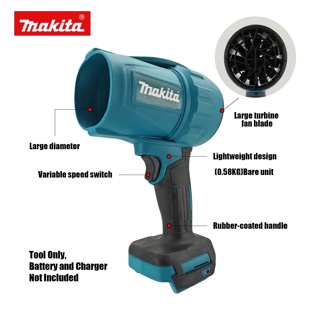 Soffiatore ad alta potenza Makita M306, 1080 W, con elevata capacità di asciugatura, ideale per lavare auto e rimuovere l'acqua dalle superfici.