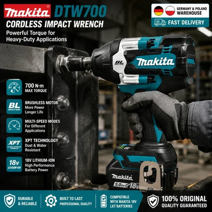 Avvitatore a impulsi Makita DTW700 18V senza fili, brushless, 700 Nm, professionale, con attacco quadrato da 1/2 pollice, velocità variabile, Auto-Stop, compatibile con batterie Makita LXT BL1830 BL1840 BL1850 BL1860B - Maga