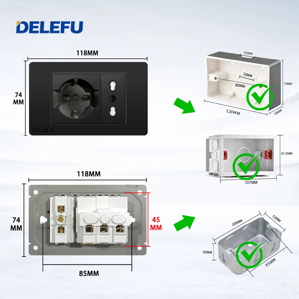 DELEFU Presa Italiana Fai-da-te con USB Tipo C, Interruttore Campanello, 45A 20A, per Tende, Telefono, CAT5, TV, HDMI, SAT, Nera