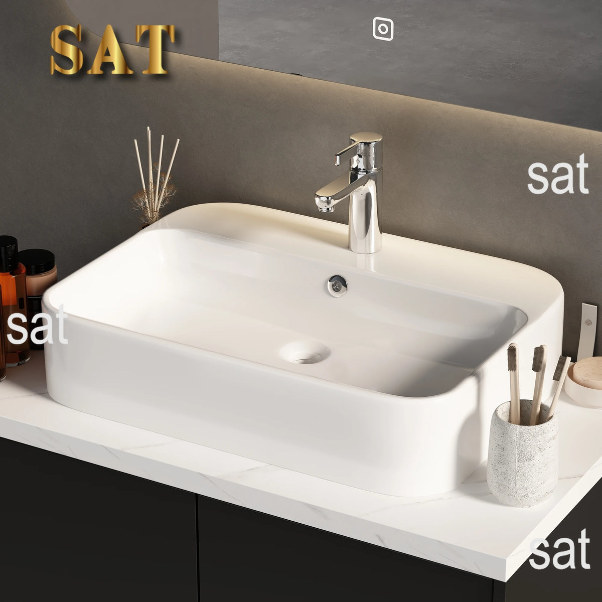 Mobile da bagno moderno con lavabo e 2 ante portaoggetti, mobile lavabo con porta troppopieno e maniglie in metallo, nero