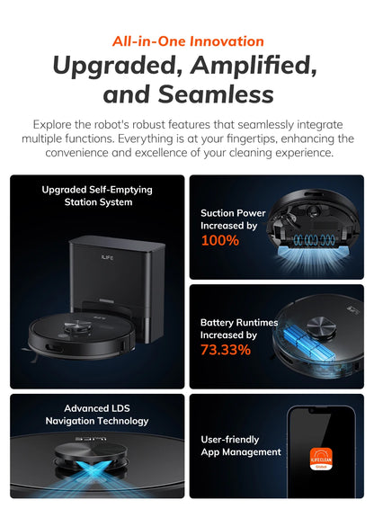 Robot Aspirapolvere ILIFE T20s Ultra con Stazione di Svuotamento Automatico, Aspirazione 10000Pa, Batteria 4600mAh, Autonomia Massima 300 Minuti