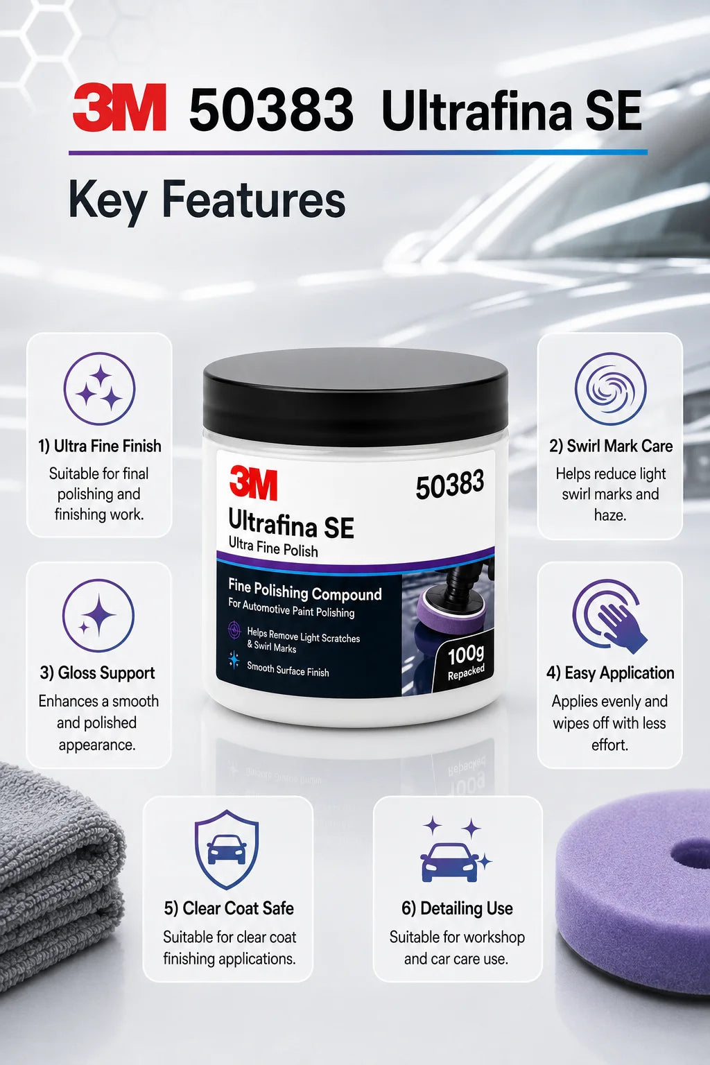 Lucidante Professionale 3M 50383 Ultrafina SE per Vernice Auto, Rimuovi Graffi e Ologrammi, Dettagliatura, Finitura Lucida, 100g Riconfezionato