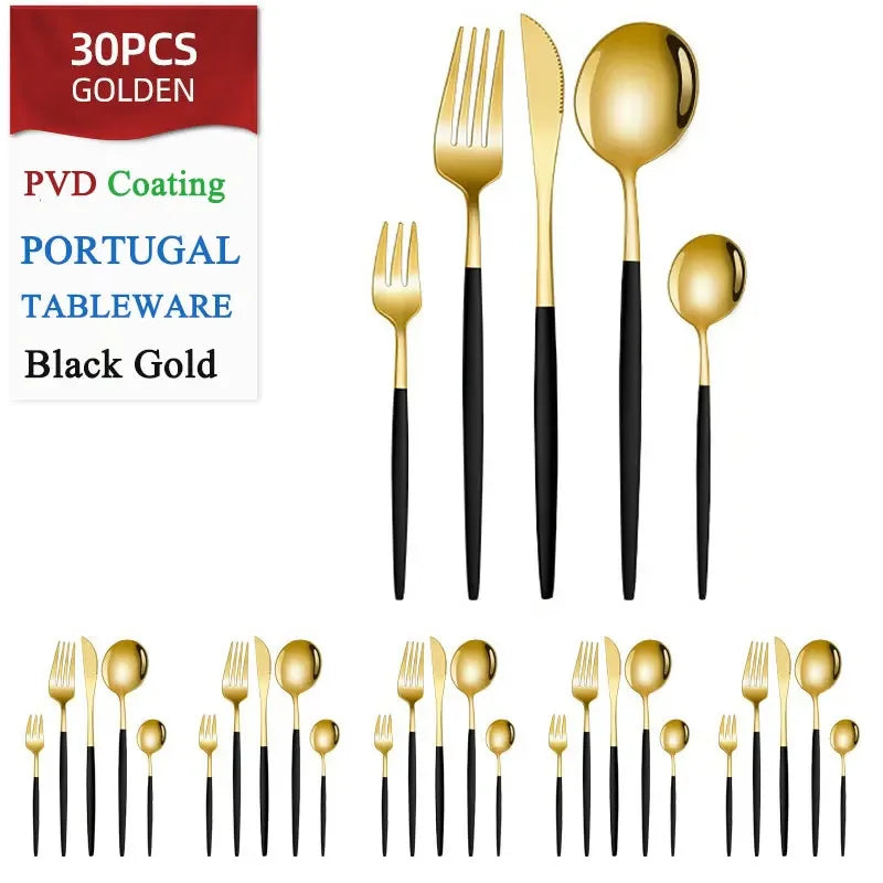 Set di posate dorate da 30 pezzi in acciaio inossidabile, coltelli, forchette, cucchiai, set di stoviglie per banchetti, ristoranti e ospiti