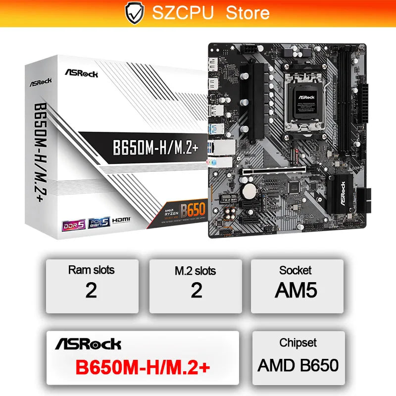 ASROCK B650M-H/M.2+ Nuova scheda madre, AM5, LGA 1718, AMD B650, Micro ATX, DDR5, PCIe 4.0 M.2, LAN, 6+1+1 Fasi di alimentazione