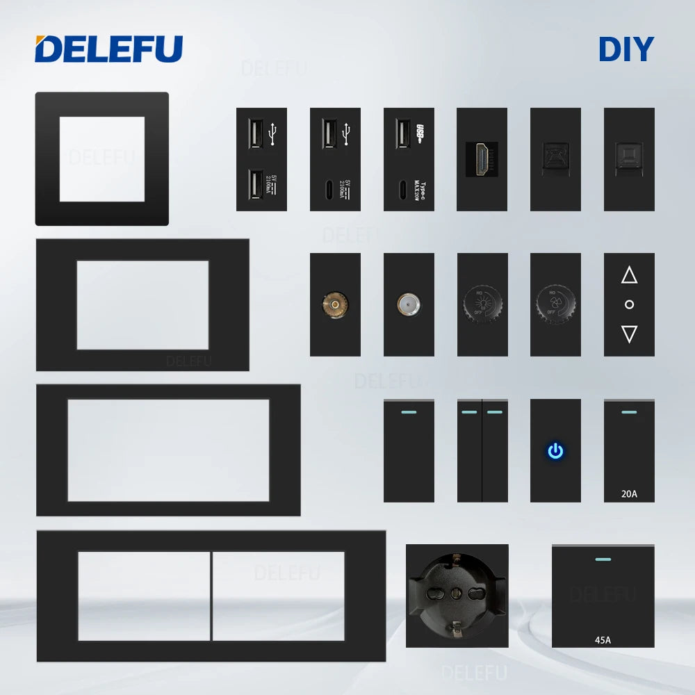 DELEFU Presa Italiana Fai-da-te con USB Tipo C, Interruttore Campanello, 45A 20A, per Tende, Telefono, CAT5, TV, HDMI, SAT, Nera