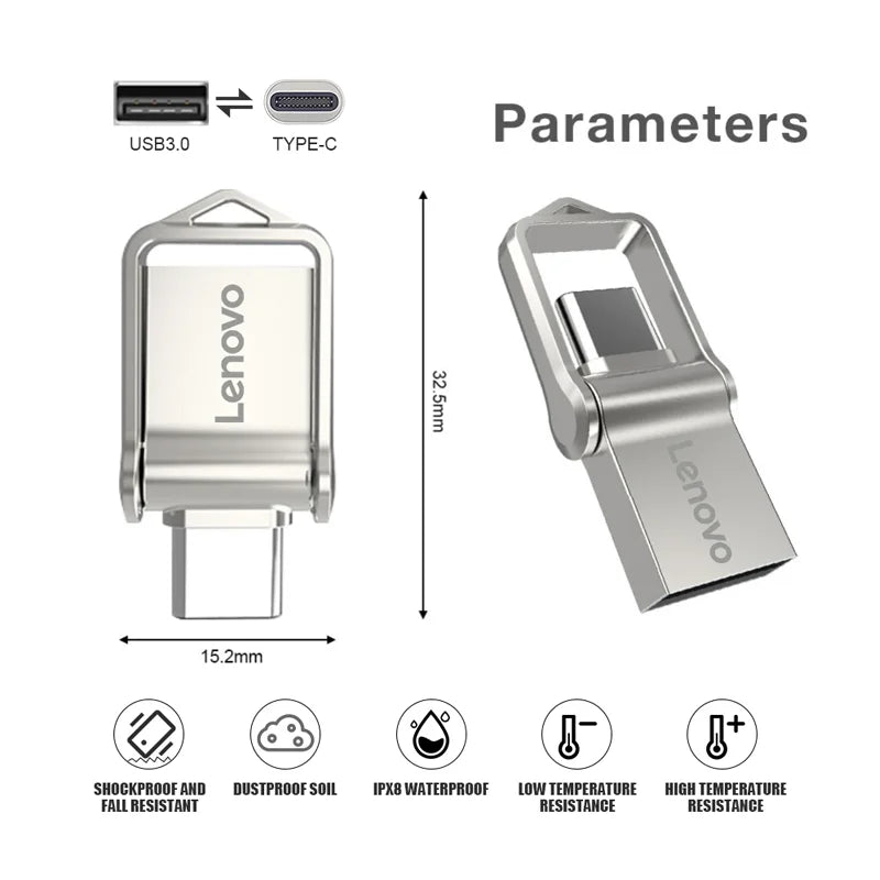 Lenovo Mini, chiavetta USB 3.0 ad alta velocità, in metallo, con interfaccia doppia, capacità 1 TB, 512 GB, 256 GB, adatta per dispositivi Android e laptop.