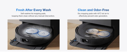Robot aspirapolvere e lavapavimenti ECOVACS DEEBOT T30e OMNI, non si impiglia sui peli di animali domestici, autonomia di 180 minuti, silenzioso (64 dB), aspirazione da 25000 Pa, base con sistema di svuotamento automatico.