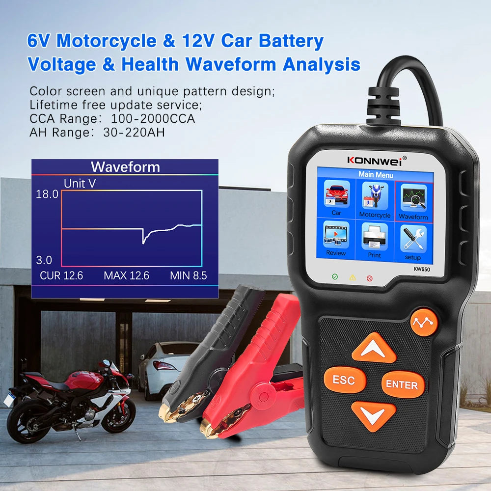 KONNWEI KW650 Tester batteria per auto 6V 12V Analizzatore automatico per auto moto da 100 a 2000 CCA Strumento di test di ricarica avviamento per auto Moto