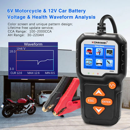 KONNWEI KW650 Tester batteria per auto 6V 12V Analizzatore automatico per auto moto da 100 a 2000 CCA Strumento di test di ricarica avviamento per auto Moto