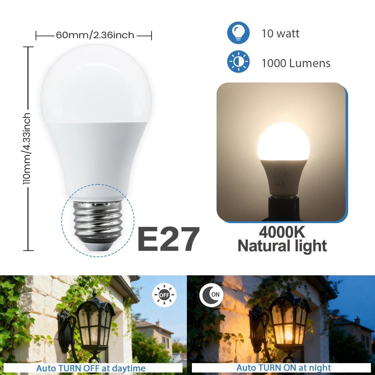 Confezione da 2 Lampadine LED Intelligenti con Sensore E27 B22, Luce Bianca dal Tramonto all'Alba, AC100-240V 1000LM 10W per Portico, Corridoio, Esterni, Garage