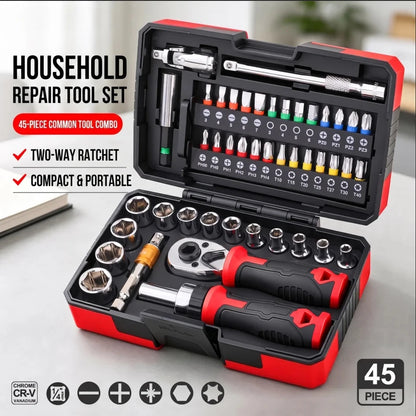 TINSOL Set di 45 Pezzi di Chiavi a Bussola con Cricchetto da 1/4 di Pollice, 72 Denti, CR-V, Punte Magnetiche, Kit di Riparazione per Auto e Casa con Valigetta