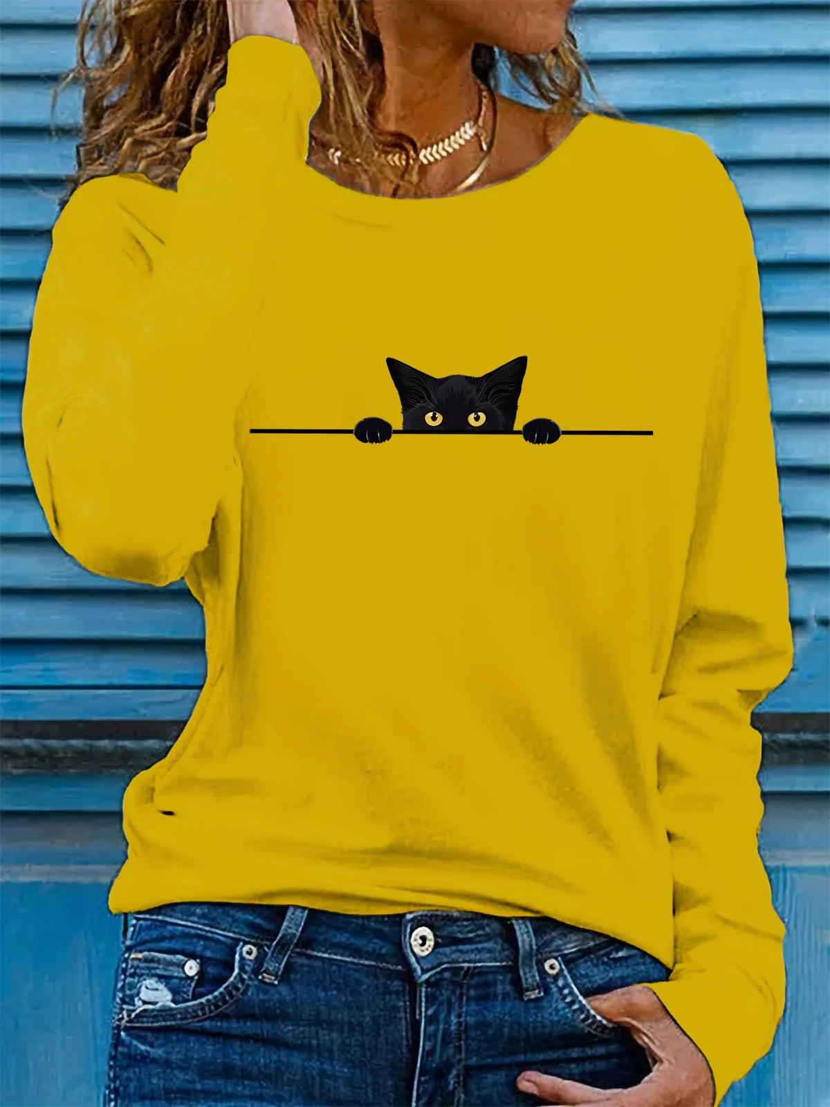 T-shirt da donna in 100% puro cotone, ideale per la primavera e l'autunno, comoda, casual, alla moda, con maniche lunghe, stampa grafica a tema felino e scollo rotondo.