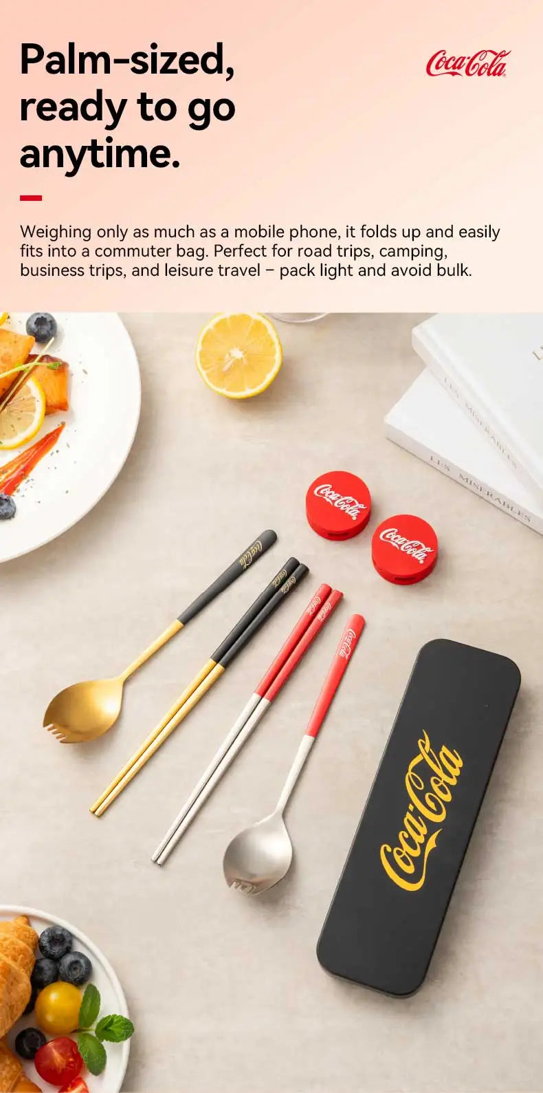 Set di posate portatili Coca Cola in acciaio inossidabile 304, forchetta e cucchiaio da viaggio con custodia per campeggio, picnic, cucina all'aperto, idea regalo