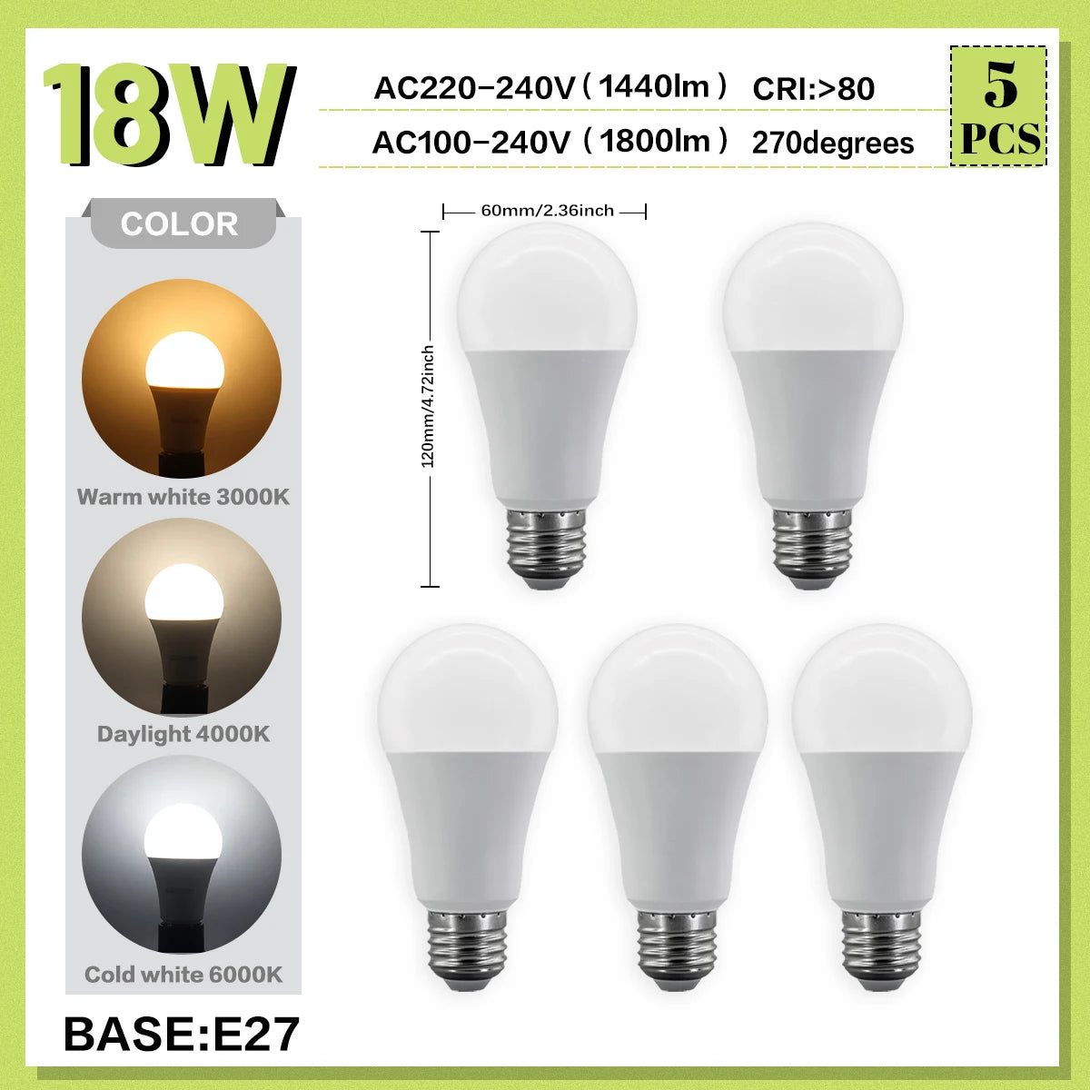 Set di 5 Lampadine LED E27 da 20W, 18W, 15W, 12W, 10W, 9W, 8W, AC220V, Potenza Reale, A60 A80, per Soggiorno e Casa