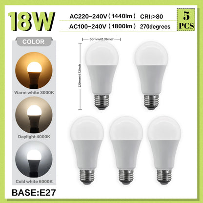 Set di 5 Lampadine LED E27 da 20W, 18W, 15W, 12W, 10W, 9W, 8W, AC220V, Potenza Reale, A60 A80, per Soggiorno e Casa