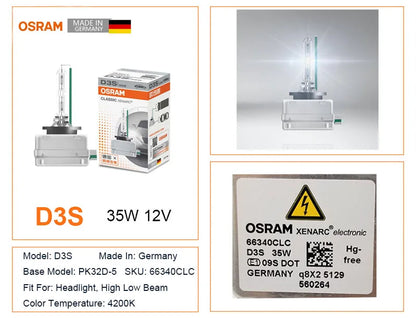 Lampadina OSRAM Xenon Originale D1S D2S D3S D4S 12V 35W per Fari Auto CLASSIC CLC HID 4200K Bianco Standard Germania 1x