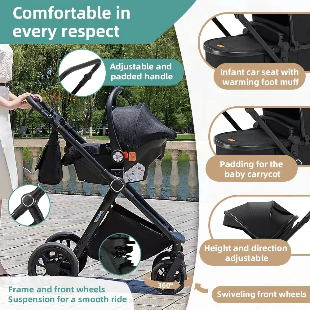 Passeggino per Neonati 3-in-1 di Lusso, Carrozzina da Viaggio Portatile con Telaio in Alluminio, Passeggino Pieghevole con Vista Panoramica