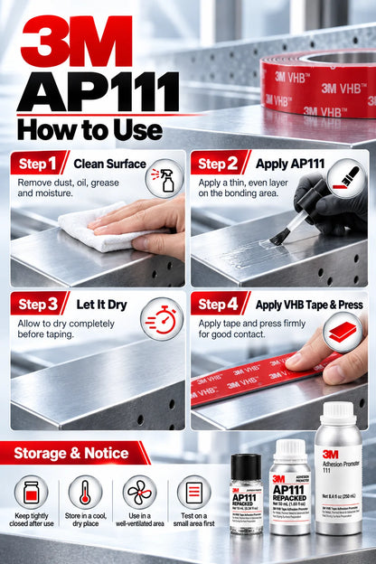 3M AP111 Promotore di Adesione, Primer per Nastro VHB ad Asciugatura Rapida, Preparazione Superficie per Metallo, Acciaio Verniciato e Zincato, Uso Automobilistico, 10ml 50ml
