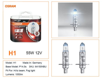 OSRAM H1 NIGHT BREAKER UNLIMITED 12V 55W Lampadina per Fari e Fendinebbia Auto 64150NBU 20% Più Bianca, Fascio Luminoso 40m Più Lungo, 110% Più Luminosa