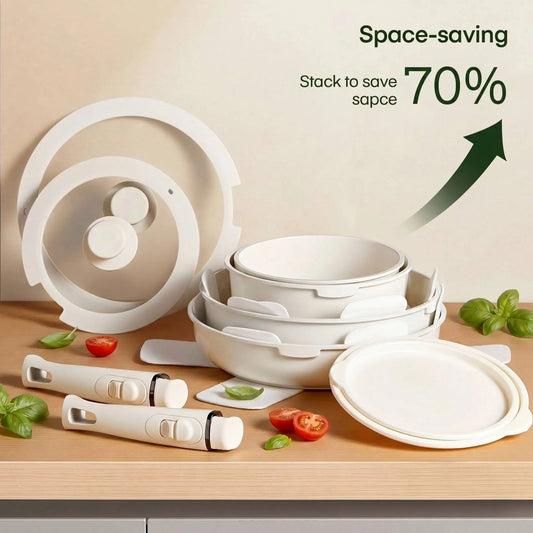 Set di Pentole e Padelle 16 Pezzi Antiaderente in Ceramica con Manici Rimovibili, Impilabile, Adatto a Tutti i Tipi di Fornelli, Resistente al Forno