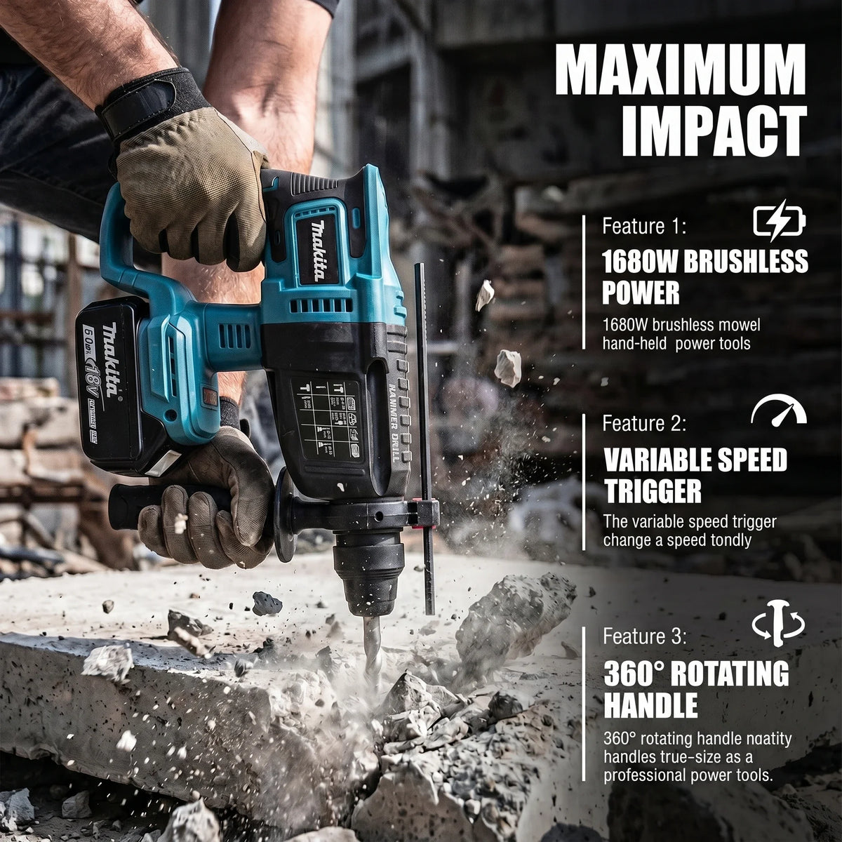 Martello Perforatore Rotativo Cordless Makita DHR242 18V Originale al 100%, Senza Spazzole, 24mm per Calcestruzzo, 4700 IPM, 3 Modalità, Professionale per Lavori Pesanti