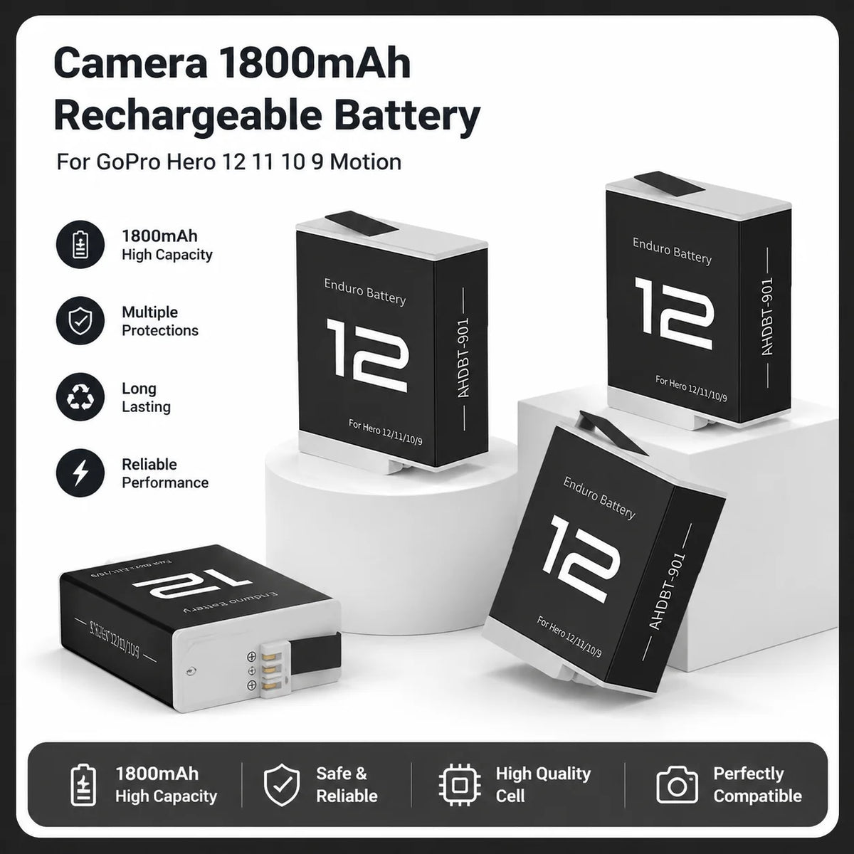Batteria per GoPro Hero 12 11 10 9 Motion Camera, batteria ricaricabile da 1800mAh, caricatore a 3 slot con luce LED, custodia per GoPro