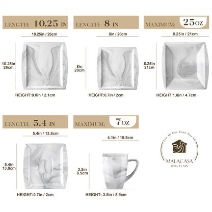 MALACASA 30/60 pz marmo grigio porcellana stoviglie Set di stoviglie con 6 pezzi Dessert/zuppa/piatto cena/tazza/piattino, servizio per 12