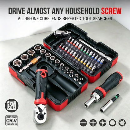 TINSOL Set di 45 Pezzi di Chiavi a Bussola con Cricchetto da 1/4 di Pollice, 72 Denti, CR-V, Punte Magnetiche, Kit di Riparazione per Auto e Casa con Valigetta