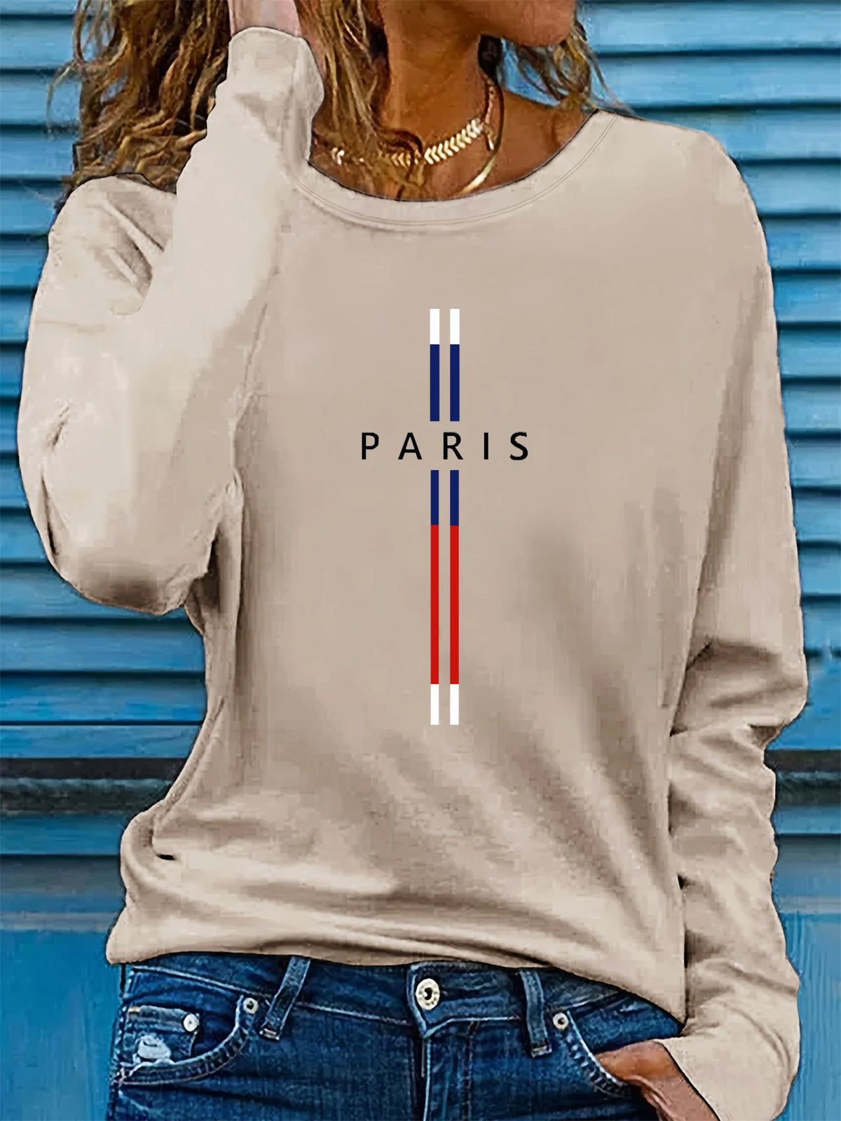 T-shirt da donna in 100% puro cotone, ideale per la primavera e l’autunno, comoda, casual, a maniche lunghe, con stampa grafica a tema parigino e scollo rotondo.