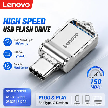 Lenovo Mini, chiavetta USB 3.0 ad alta velocità, in metallo, con interfaccia doppia, capacità 1 TB, 512 GB, 256 GB, adatta per dispositivi Android e laptop.