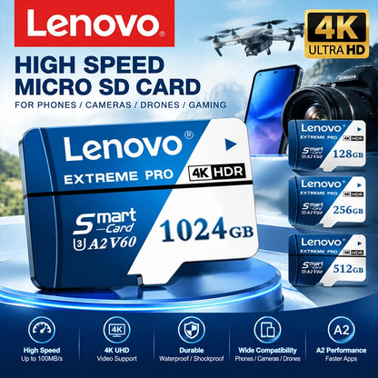 Scheda di memoria Micro SD TF Lenovo da 512 GB o 1 TB, classe A2, ad alta capacità, per registrazioni 4K, compatibile con DJI Mavic Mini, GoPro e Insta360.
