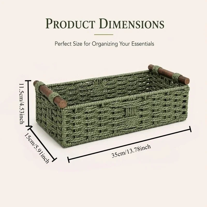 Cesto portaoggetti in legno massello con manico in corda di carta intrecciata in stile forestale, organizer per la cura del bagno e del lavabo, cesti da ripiano