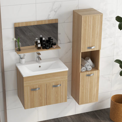 Set da bagno 4 pezzi con mobiletto alto, specchio, lavabo e lavello a parete, finitura naturale