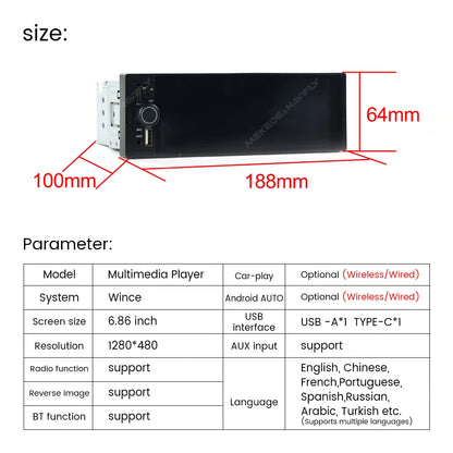 MEKEDE Lettore Video 4K da 5.2/6.86/6.88 Pollici, CarPlay Wireless, Android Auto, Radio FM Multimediale Universale 1DIN con USB Type-C, TF, AUX, ISO, RCA