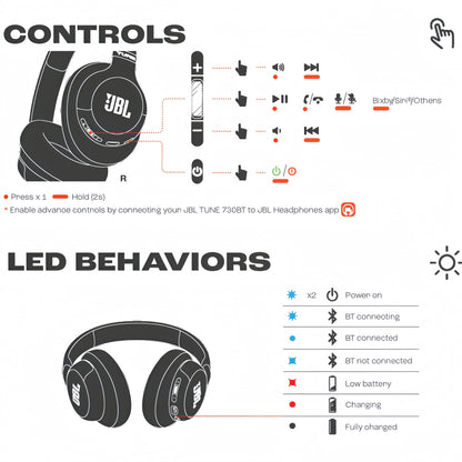 Cuffie wireless JBL Tune 730BT, dotate di tecnologia avanzata di cancellazione del rumore, leggere, pieghevoli, cuffie Bluetooth.