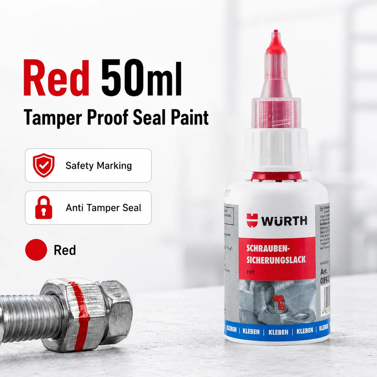 Sigillante Antimanomissione Originale Wurth 50ml, Vernice per Rilevamento Movimento, Segnalazione Ispezione Viti, Bulloni e Dadi, Rosso Giallo Blu