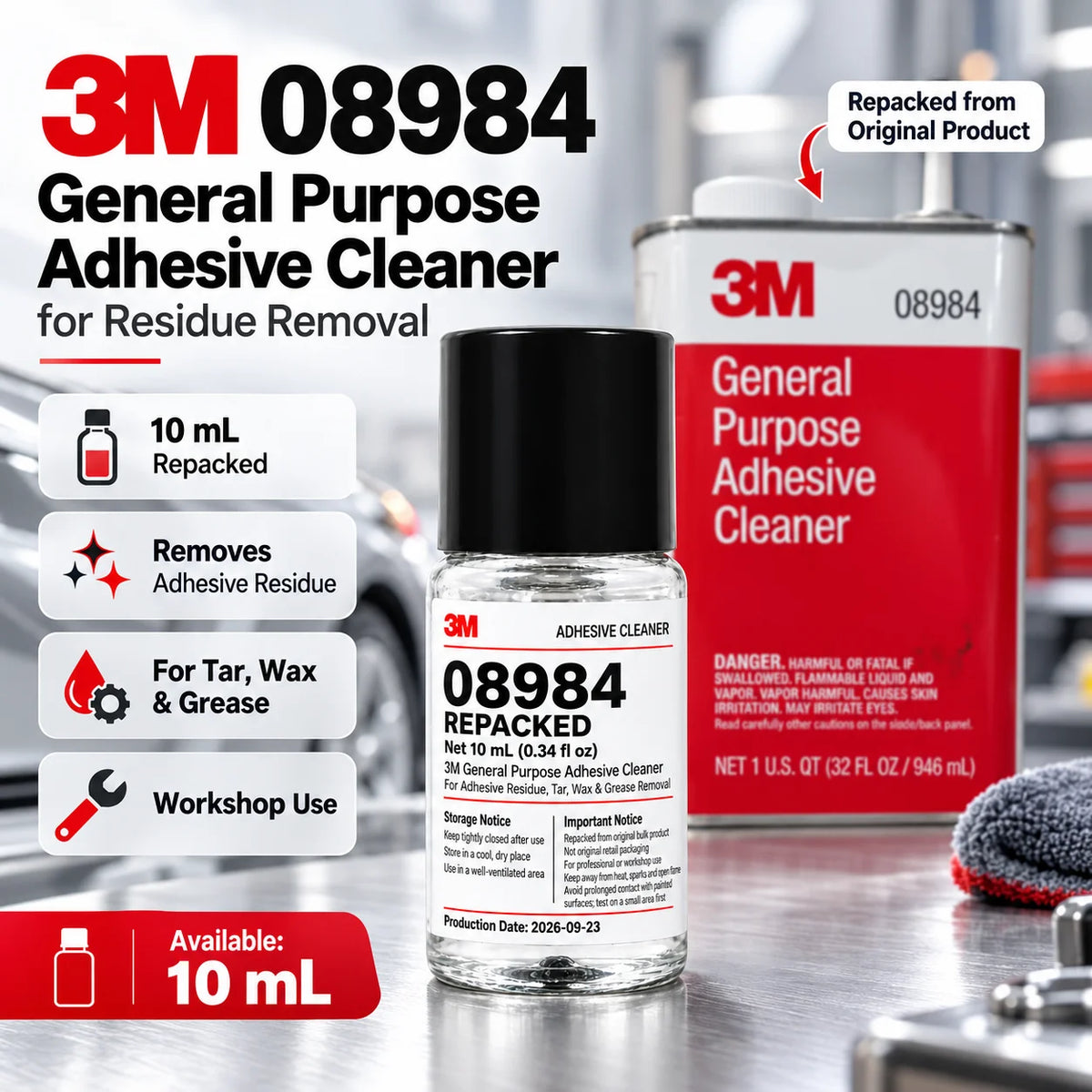 3M 08984 Detergente Rimuovi Adesivi 10mL Ricompresso, Rimuovi Residui di Colla, Adesivi, Catrame, Cera e Grasso per Officina di Detailing Auto