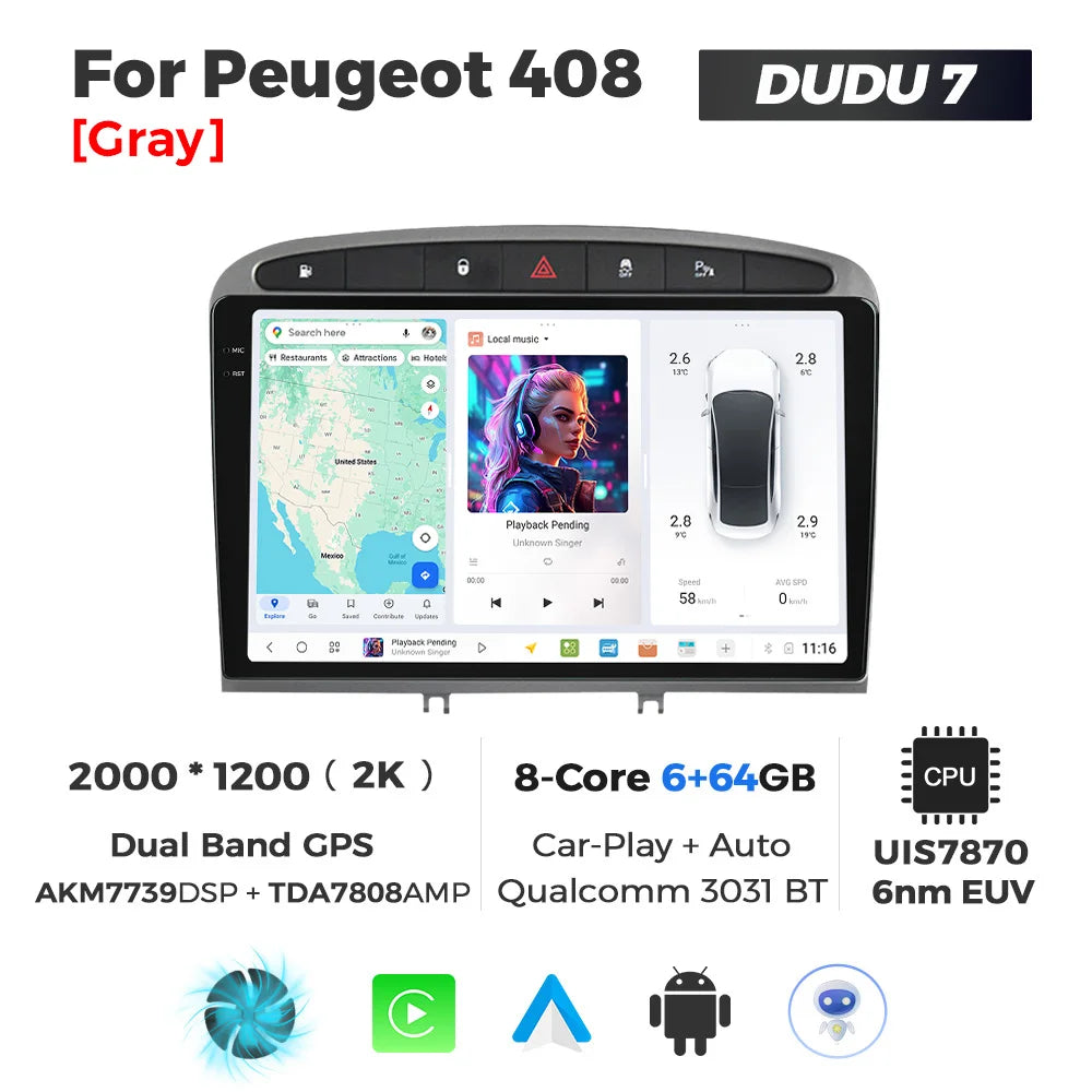DUDUAUTO 512GB Wireless CarPlay Android Auto Per Peugeot 408 Per Peugeot 308 308SW Autoradio Lettore Multimediale DSP WIFI GPS AMP