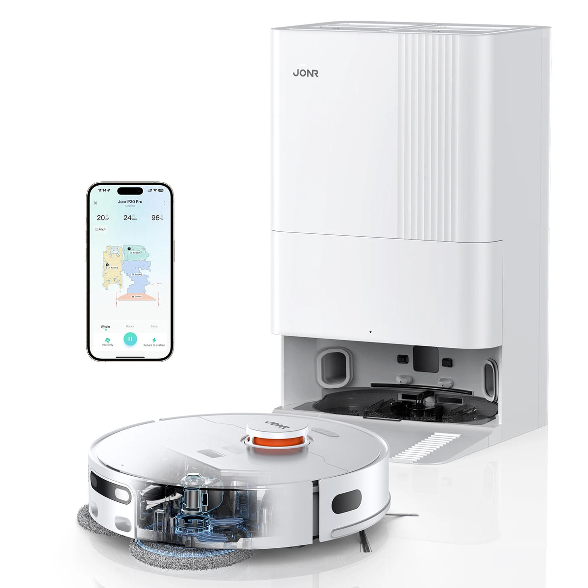 JONR Robot Aspirapolvere P20 Pro Edizione internazionale Lavare Aspirazione Salviette per asciugare Pulizia automatica Raccolta polvere Drenaggio Acqua