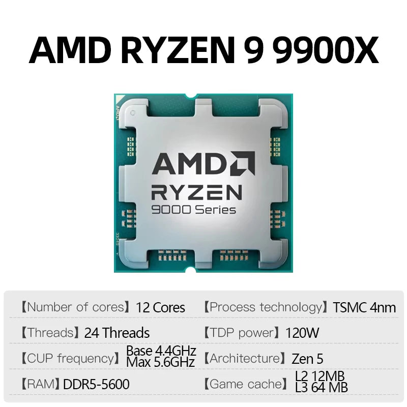 AMD Ryzen 9 9900X, CPU a 12 core e 24 thread, 5,6 GHz, 64 MB di cache L3, socket AM5, DDR5, TDP di 120 W, processore della serie 9000, senza ventola.