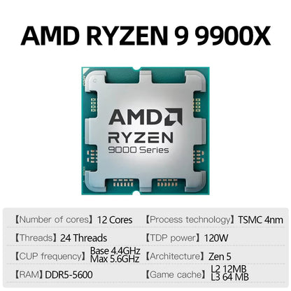 Processore AMD Ryzen 9 9900X 12-Core 24-Thread, 5.6GHz, 64MB Cache L3, Socket AM5, DDR5, TDP 120W, Serie 9000 Senza Ventola
