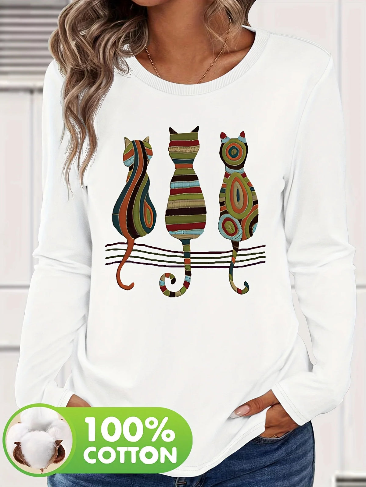 T-shirt da donna in 100% puro cotone, a maniche lunghe, con scollo rotondo, stile casual, con stampa grafica floreale, vestibilità ampia, ideale per la primavera e l'autunno.