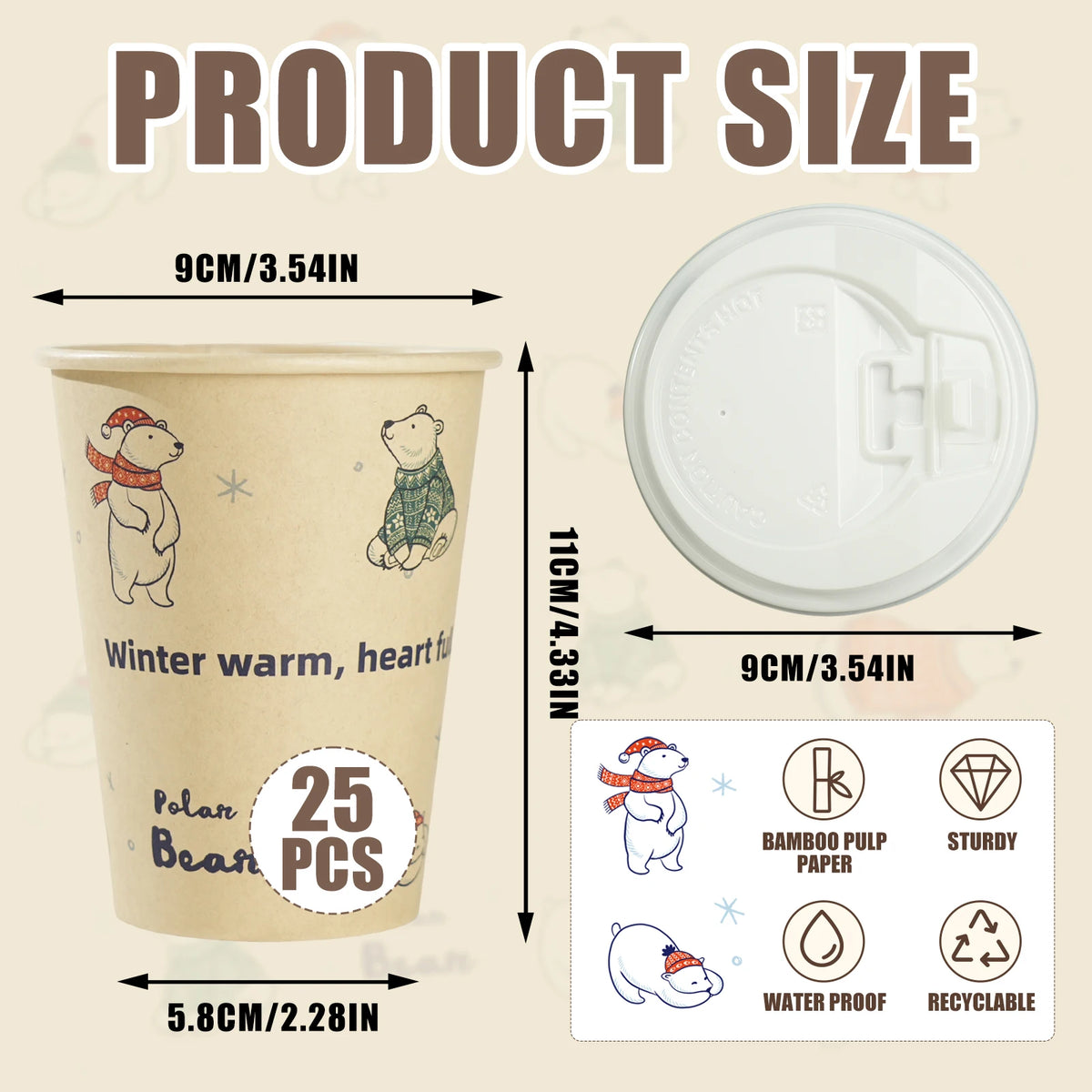 Bicchieri di carta usa e getta con motivo orso polare, polpa di bambù, panda, gatto, bicchieri di carta, stampa animalier, tazze da caffè con coperchio per uso domestico